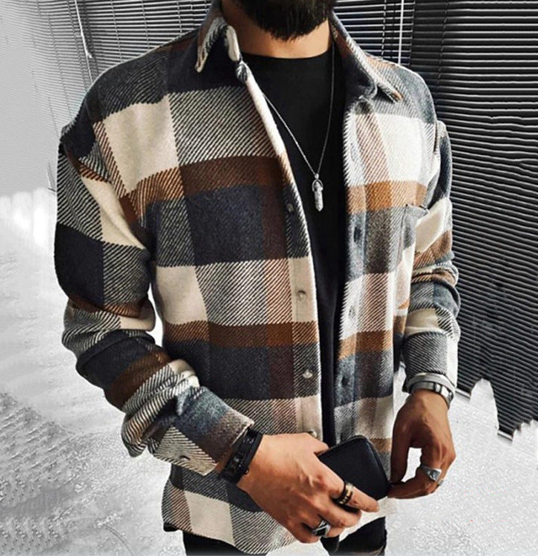 New Men Shirt Plaid Pocket Long Sleeve Shirt
