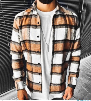 New Men Shirt Plaid Pocket Long Sleeve Shirt