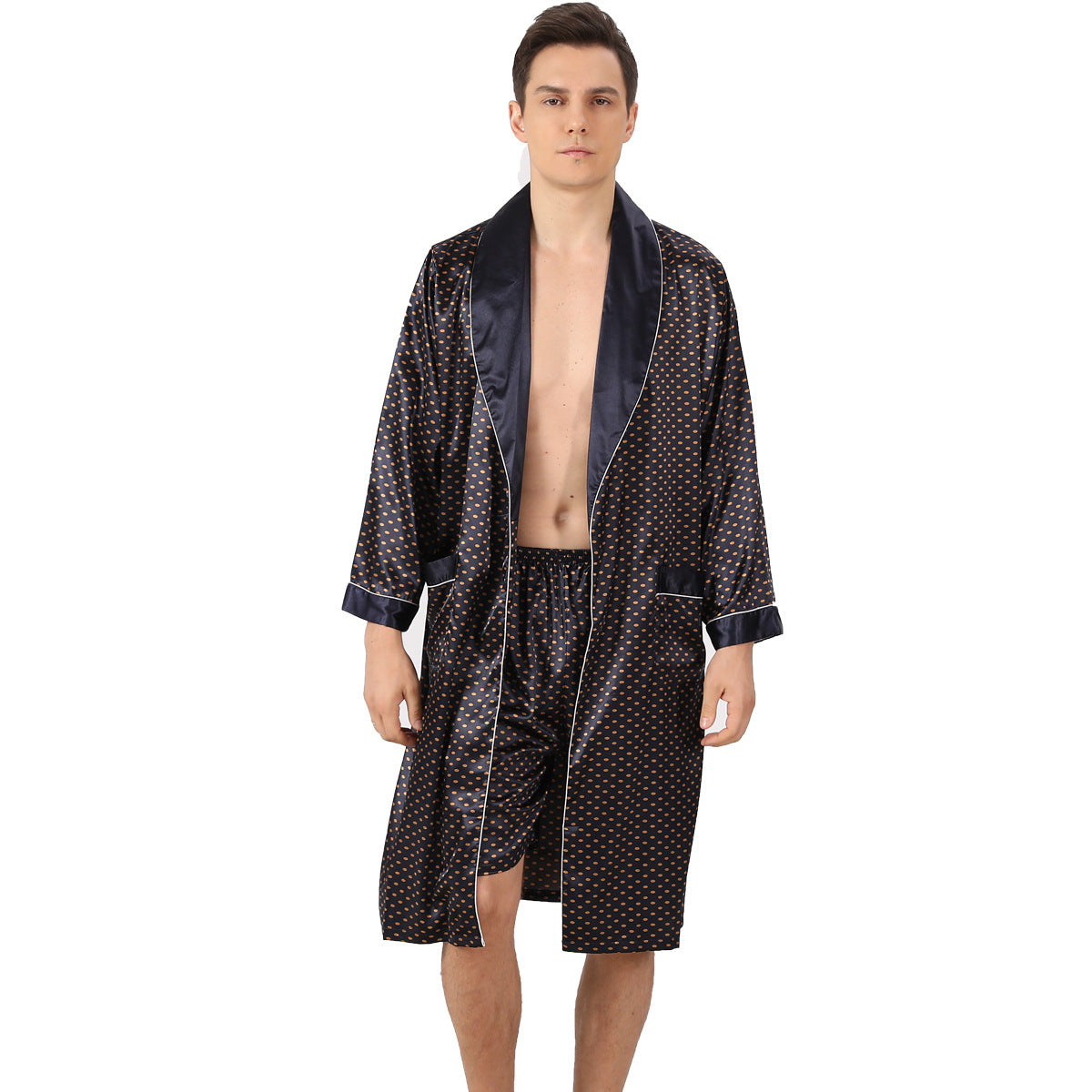 New Men Silk Nightgown Shorts Two-Piece Suit Summer Thin Section Long-Sleeve Pajamas Plus Size Bathrobes