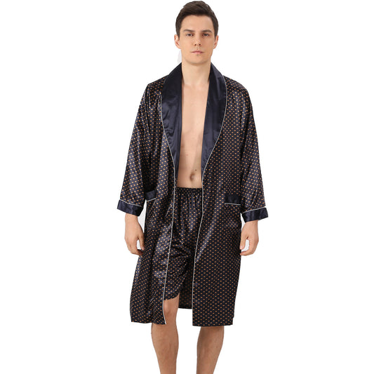 New Men Silk Nightgown Shorts Two-Piece Suit Summer Thin Section Long-Sleeve Pajamas Plus Size Bathrobes