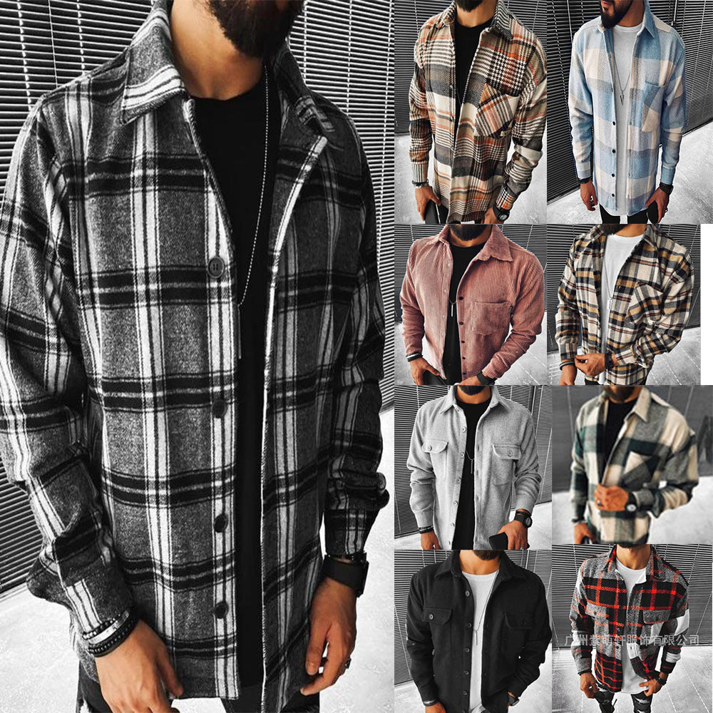 New Men Shirt Plaid Pocket Long Sleeve Shirt