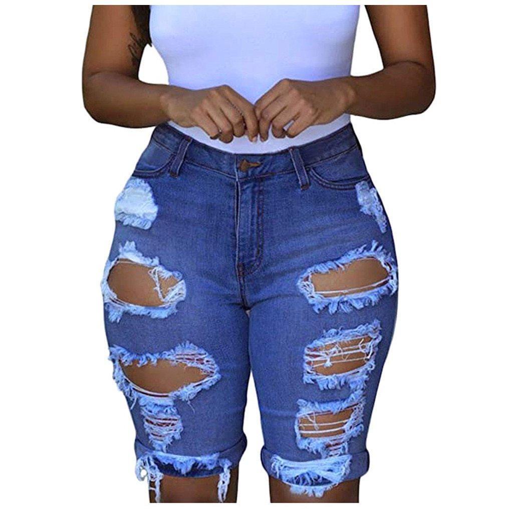 New Elastic Short Ripped Jeans For Women