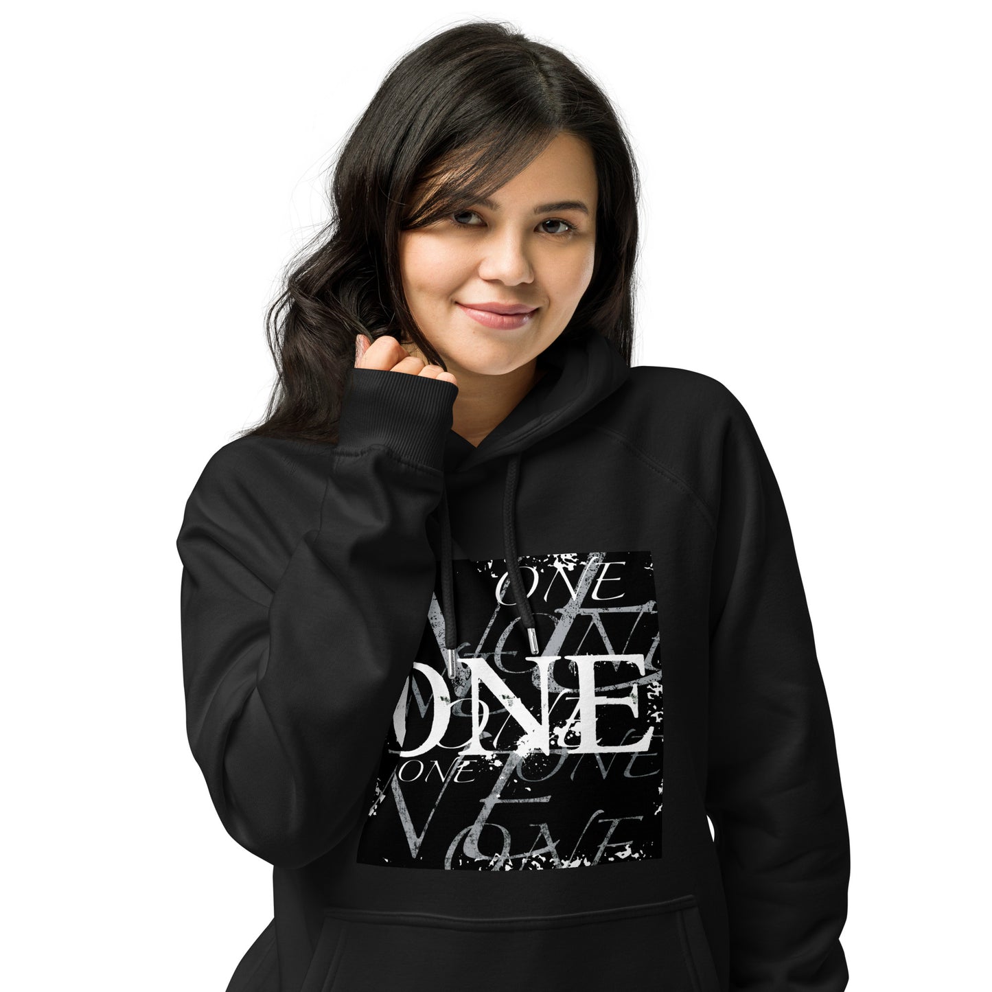 ONE ORIGINAL GEAR REPEAT  Unisex eco raglan hoodie. White/Black;  Black