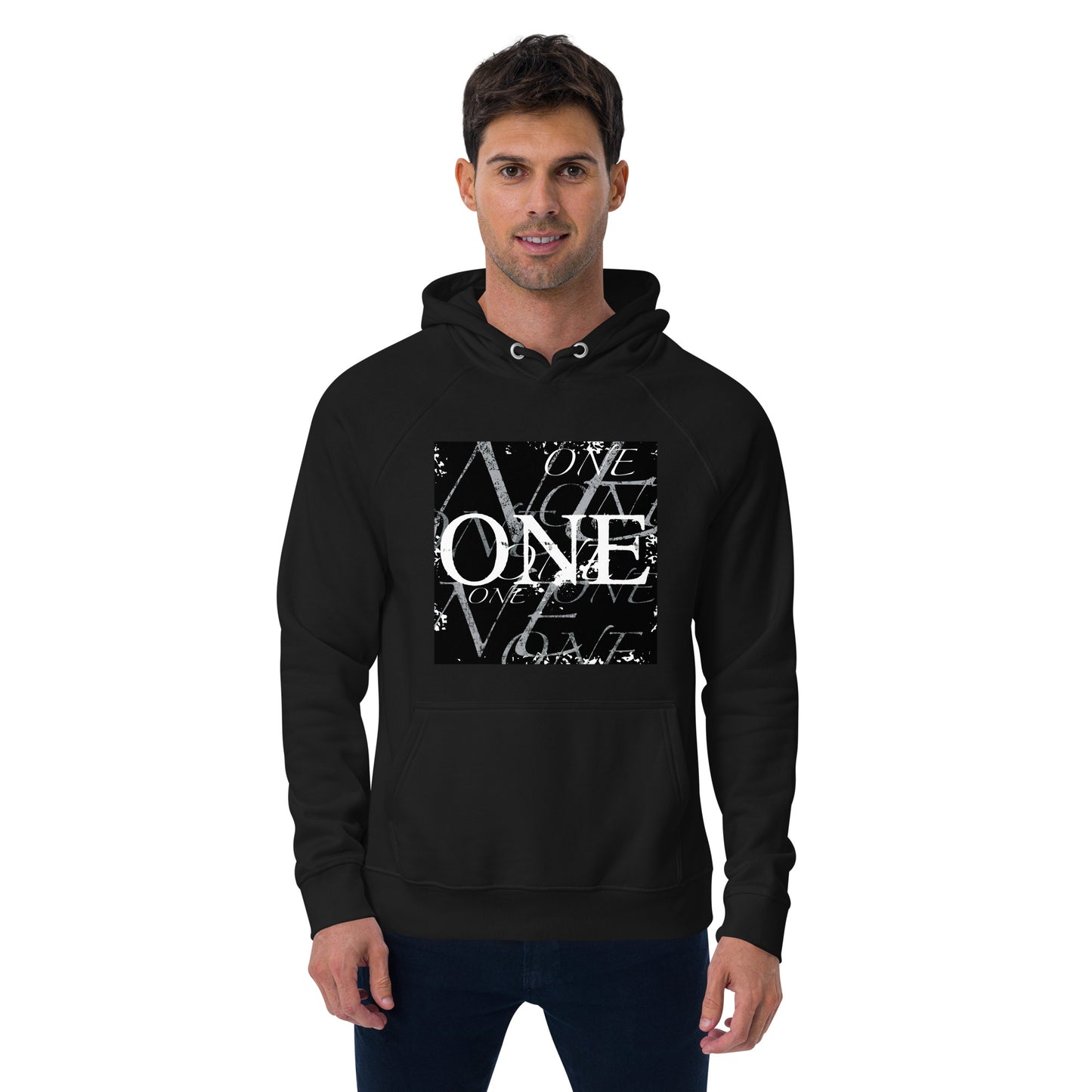 ONE ORIGINAL GEAR REPEAT  Unisex eco raglan hoodie. White/Black;  Black