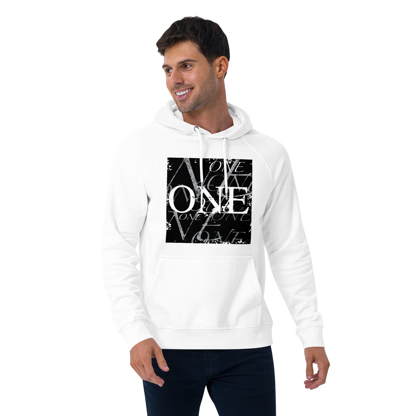 ONE ORIGINAL GEAR REPEAT  Unisex eco raglan hoodie. White/Black;  Black
