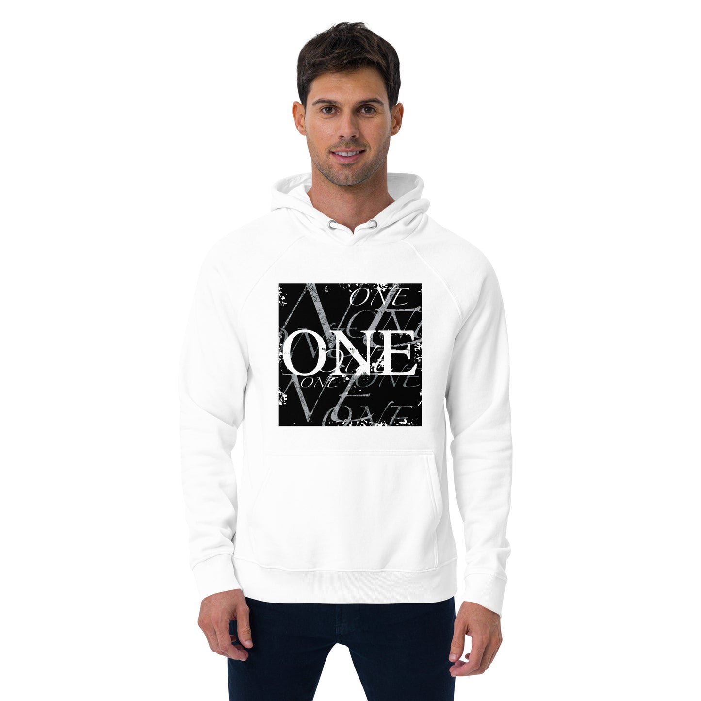 ONE ORIGINAL GEAR REPEAT  Unisex eco raglan hoodie. White/Black;  Black