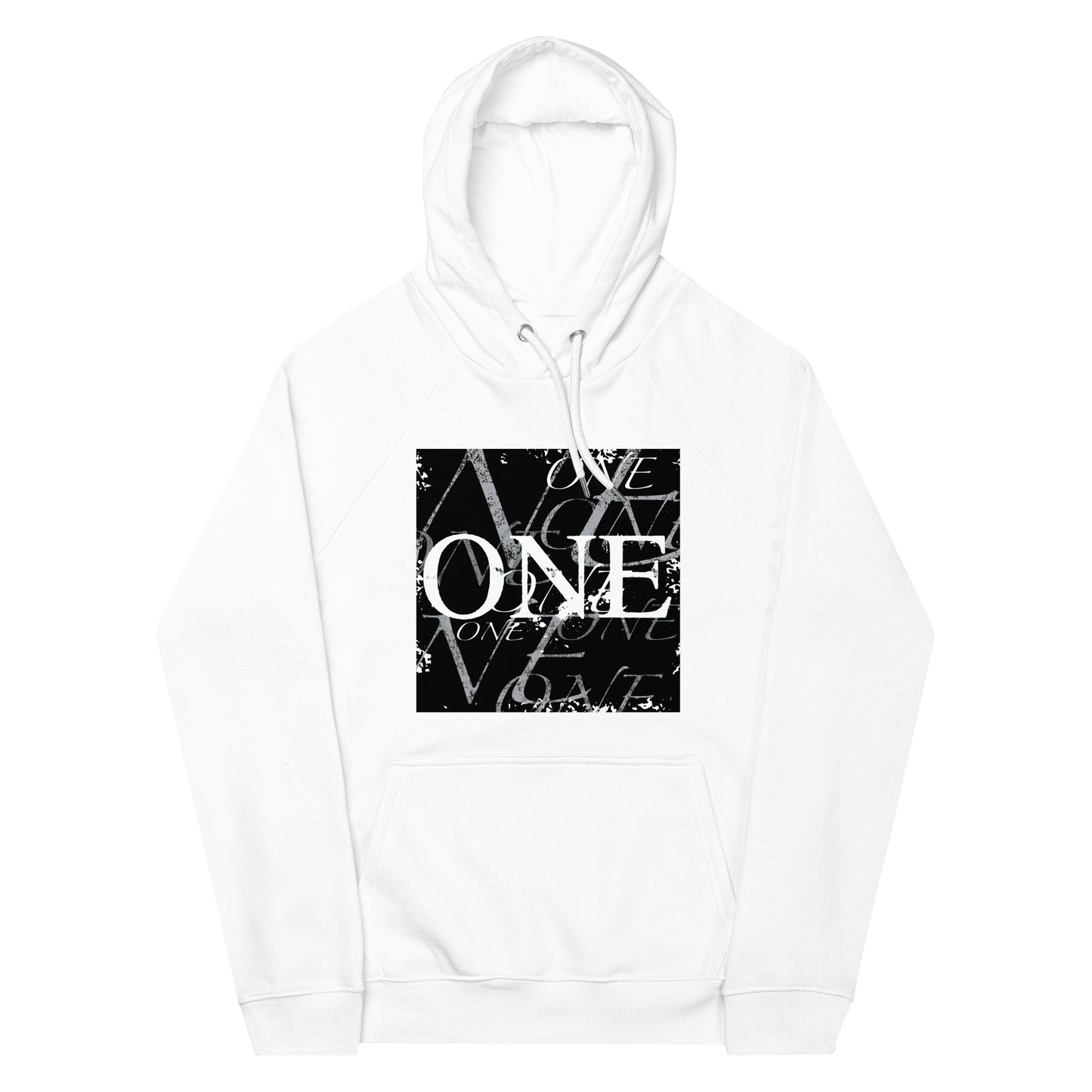 ONE ORIGINAL GEAR REPEAT  Unisex eco raglan hoodie. White/Black;  Black