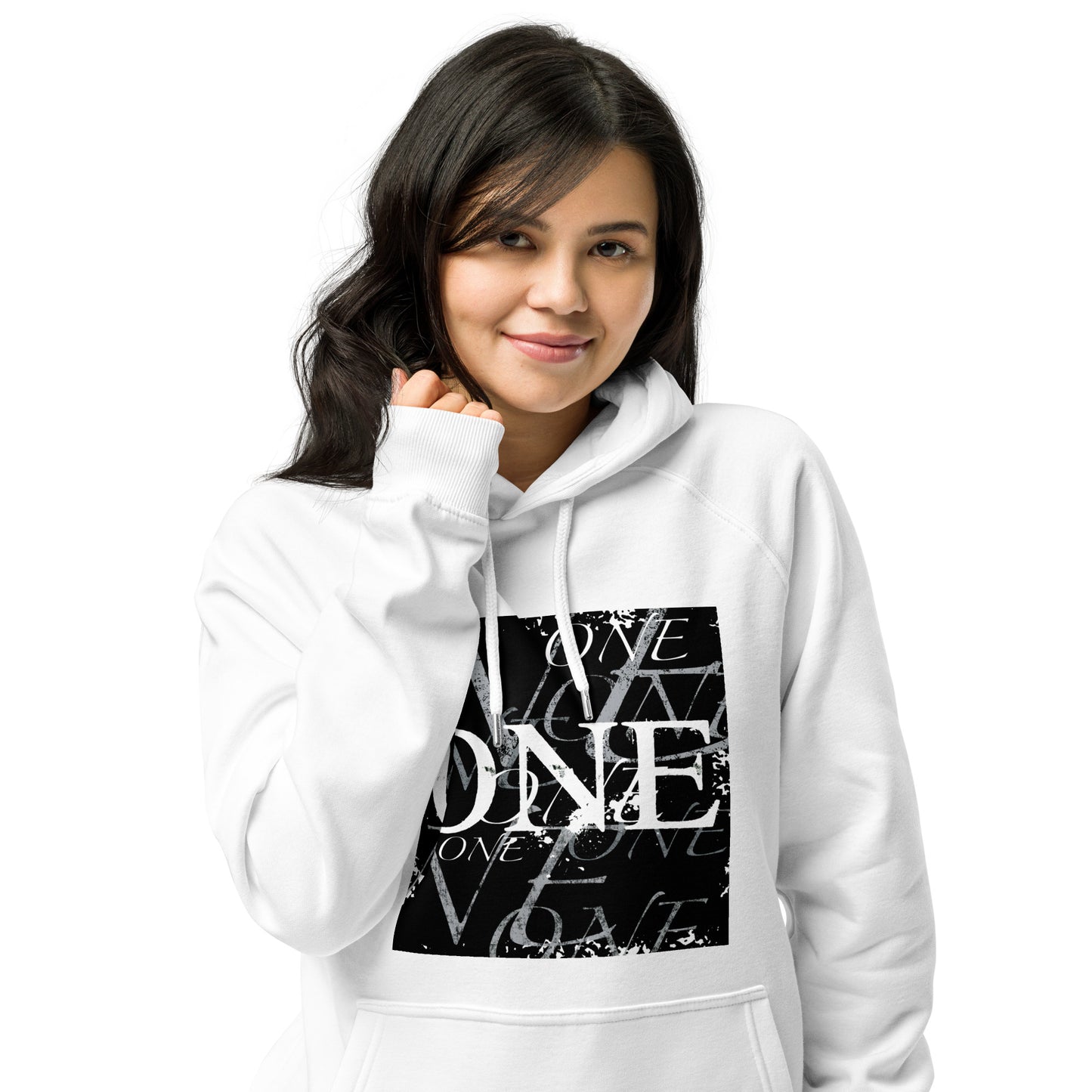 ONE ORIGINAL GEAR REPEAT  Unisex eco raglan hoodie. White/Black;  Black