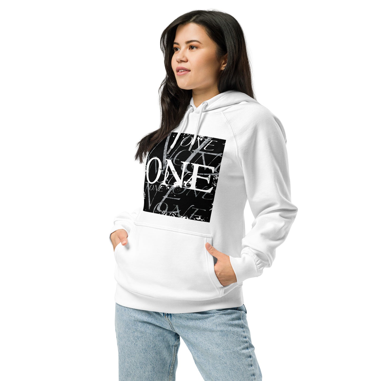 ONE ORIGINAL GEAR REPEAT  Unisex eco raglan hoodie. White/Black;  Black
